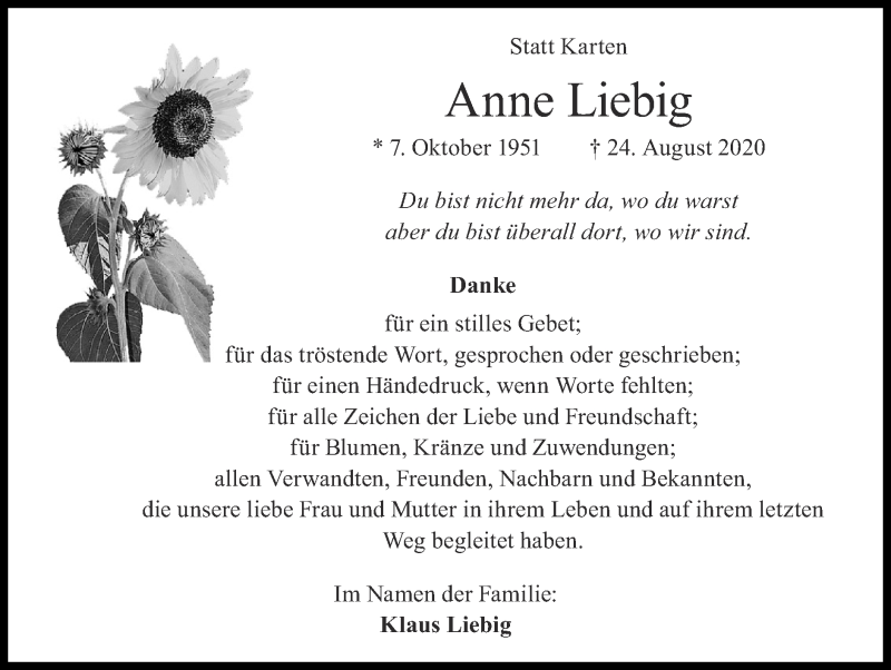  Traueranzeige für Anne Liebig vom 11.10.2020 aus Zeitung am Sonntag