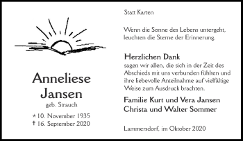 Traueranzeige von Anneliese Jansen von Zeitung am Sonntag