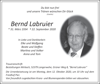 Traueranzeige von Bernd Labruier von Zeitung am Sonntag