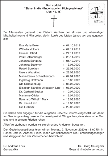 Traueranzeige von Bistum Aachen gedenkt von Aachener Zeitung / Aachener Nachrichten