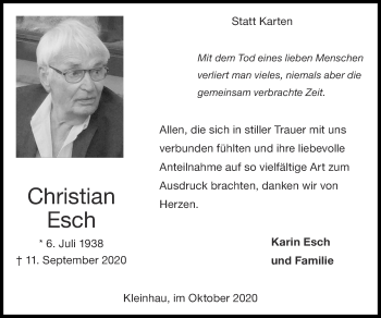 Traueranzeige von Christian Esch von Zeitung am Sonntag