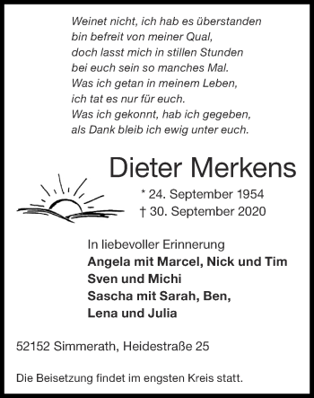 Traueranzeige von Dieter Merkens von Zeitung am Sonntag