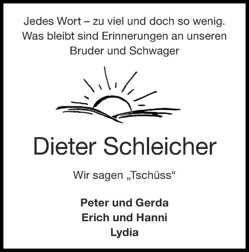  Traueranzeige für Dieter Schleicher vom 11.10.2020 aus Zeitung am Sonntag