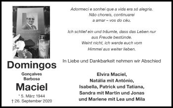 Traueranzeige von Domingos Gonçalves Barbosa Maciel von Zeitung am Sonntag