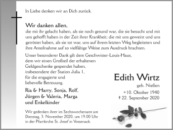 Traueranzeige von Edith Wirtz von Zeitung am Sonntag