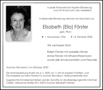 Traueranzeige von Elisabeth Förster von Aachener Zeitung / Aachener Nachrichten