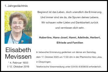 Traueranzeige von Elisabeth Mevissen von Zeitung am Sonntag