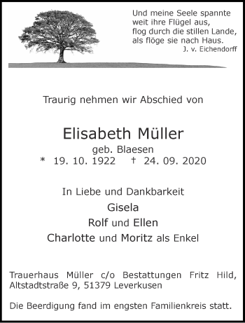 Traueranzeige von Elisabeth Müller von Aachener Zeitung / Aachener Nachrichten