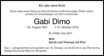 Traueranzeige von Gabi Dimo von Zeitung am Sonntag
