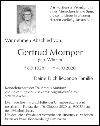 Traueranzeige von Gertrud Momper von Zeitung am Sonntag