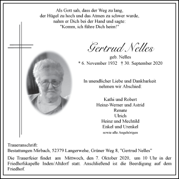 Traueranzeige von Gertrud Nelles von Zeitung am Sonntag