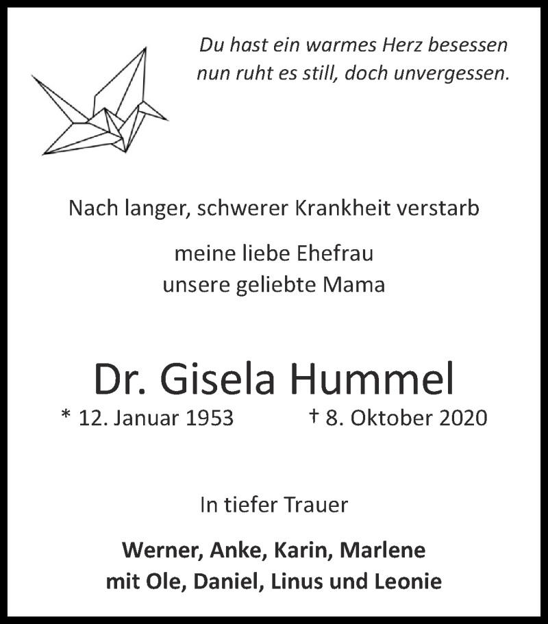  Traueranzeige für Gisela Hummel vom 25.10.2020 aus Zeitung am Sonntag