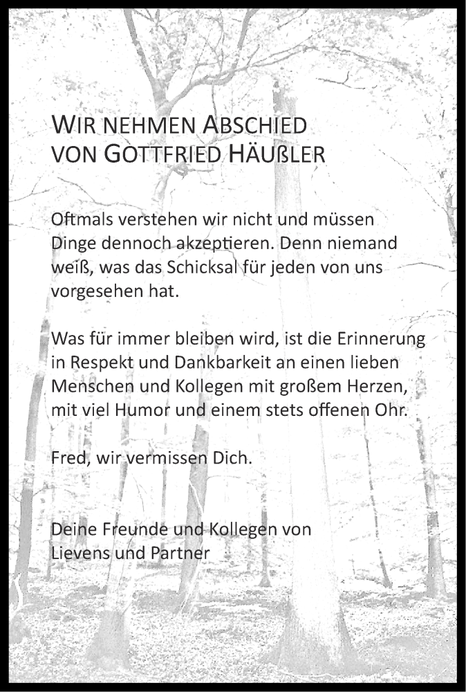  Traueranzeige für Gottfried Häußler vom 31.10.2020 aus Aachener Zeitung / Aachener Nachrichten