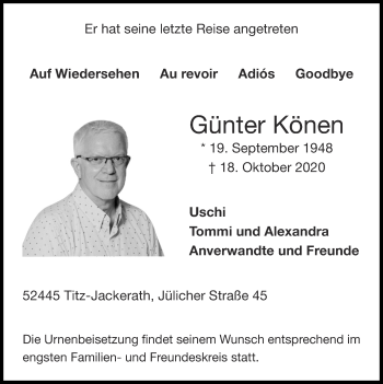 Traueranzeige von Günter Könen von Zeitung am Sonntag