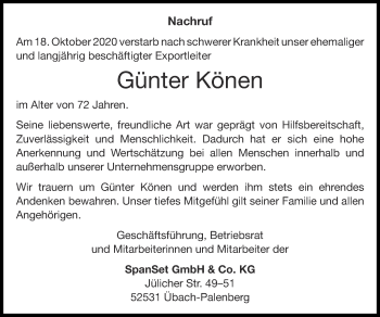 Traueranzeige von Günter Könen von Zeitung am Sonntag