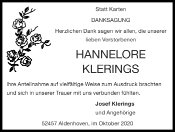 Traueranzeige von Hannelore Klerings von Zeitung am Sonntag