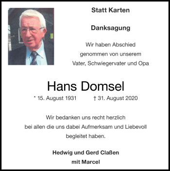 Traueranzeige von Hans Domsel von Zeitung am Sonntag