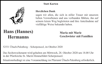Traueranzeige von Hans Hermanns von Zeitung am Sonntag