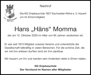 Traueranzeige von Hans  Momma von Zeitung am Sonntag