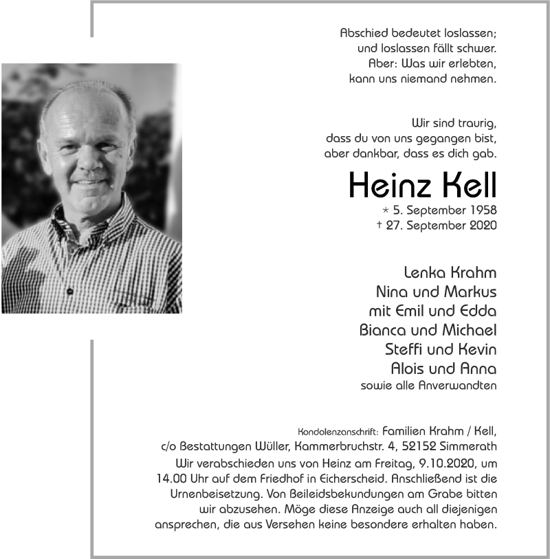  Traueranzeige für Heinz Kell vom 03.10.2020 aus Aachener Zeitung / Aachener Nachrichten