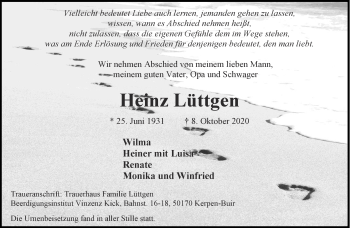 Traueranzeige von Heinz Lüttgen von Aachener Zeitung / Aachener Nachrichten