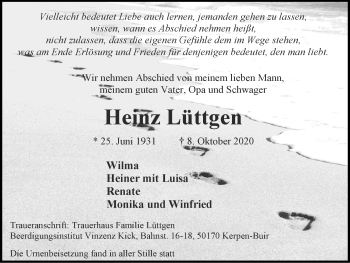Traueranzeige von Heinz Lüttgen von Zeitung am Sonntag