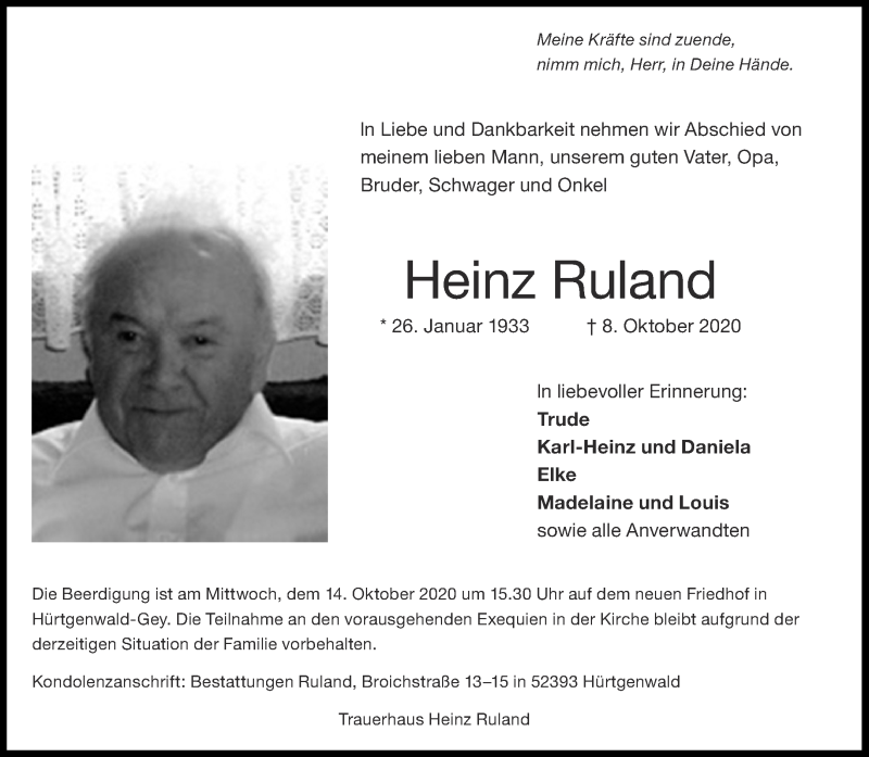  Traueranzeige für Heinz Ruland vom 10.10.2020 aus Aachener Zeitung / Aachener Nachrichten