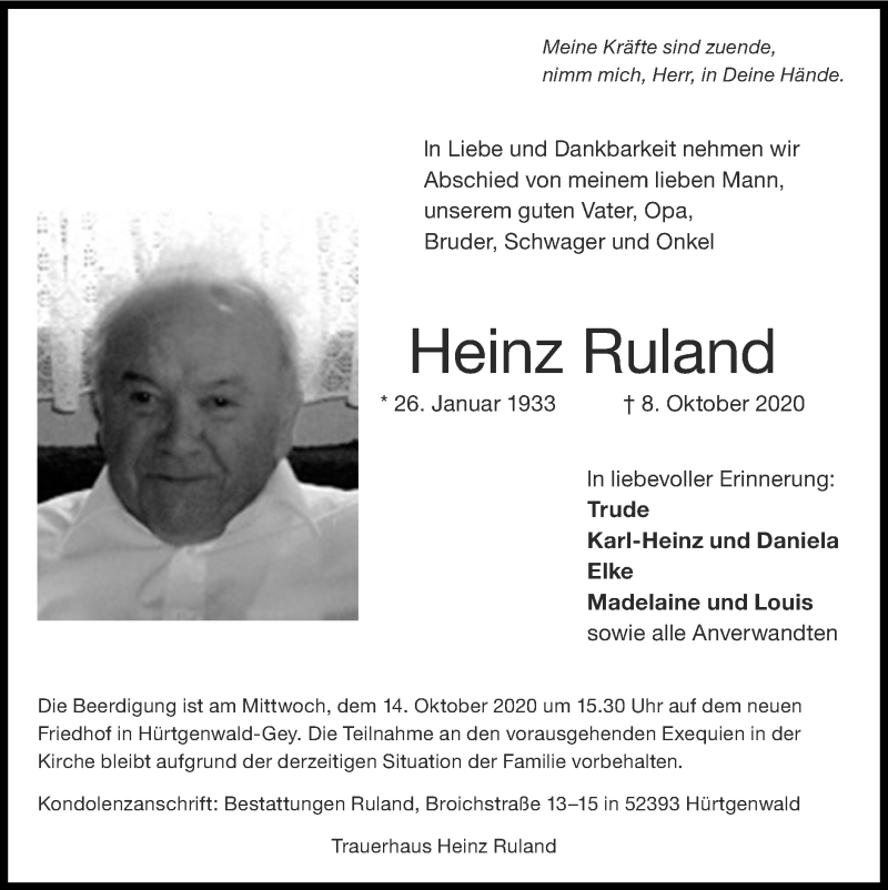  Traueranzeige für Heinz Ruland vom 11.10.2020 aus Zeitung am Sonntag