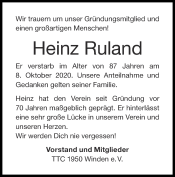 Traueranzeige von Heinz Ruland von Zeitung am Sonntag