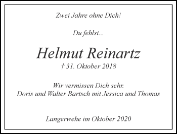 Traueranzeige von Helmut Reinartz von Zeitung am Sonntag