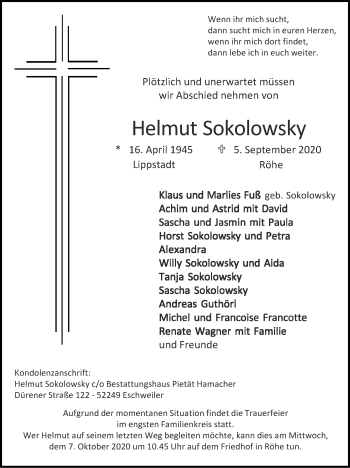 Traueranzeige von Helmut Sokolowsky von Zeitung am Sonntag