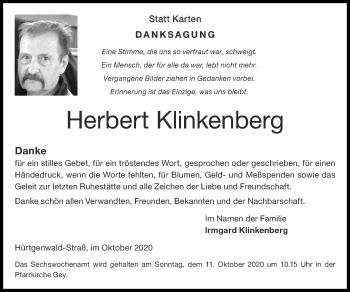 Traueranzeige von Herbert Klinkenberg von Zeitung am Sonntag
