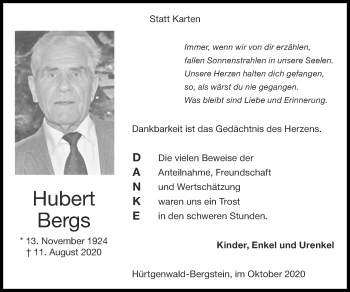 Traueranzeige von Hubert Bergs von Zeitung am Sonntag
