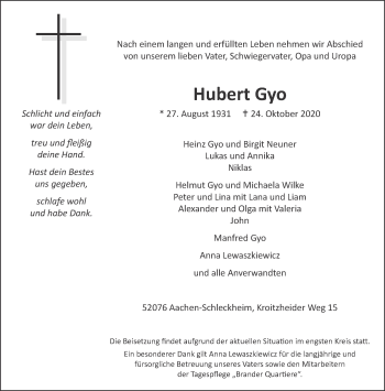 Traueranzeige von Hubert Gyo von Aachener Zeitung / Aachener Nachrichten