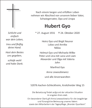 Traueranzeige von Hubert Gyo von Zeitung am Sonntag