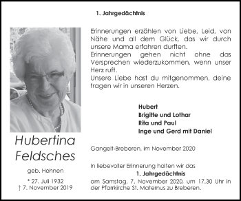 Traueranzeige von Hubertina Felsches von Zeitung am Sonntag