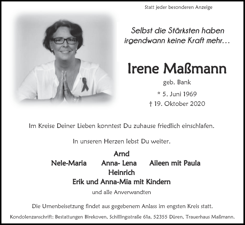 Traueranzeige für Irene Maßmann vom 25.10.2020 aus Zeitung am Sonntag