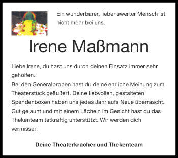 Traueranzeige von Irene Maßmann von Zeitung am Sonntag
