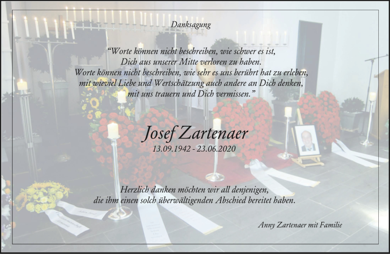  Traueranzeige für JOsef Zartenaer vom 03.10.2020 aus Aachener Zeitung / Aachener Nachrichten