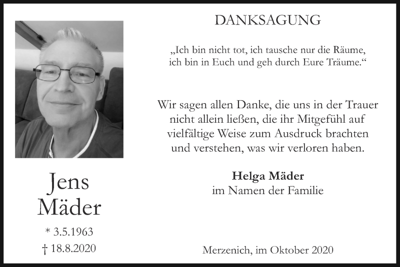  Traueranzeige für Jens Mäder vom 04.10.2020 aus Zeitung am Sonntag
