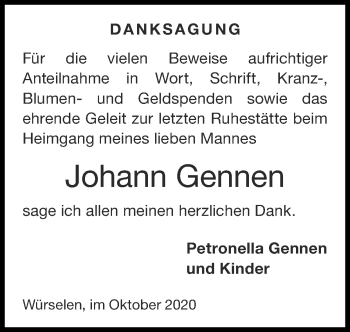 Traueranzeige von Johann Gennen von Zeitung am Sonntag
