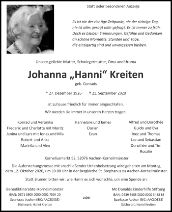 Traueranzeige von Johanna Kreiten von Aachener Zeitung / Aachener Nachrichten