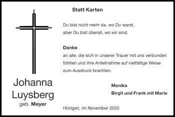 Traueranzeige von Johanna Luysberg von Zeitung am Sonntag