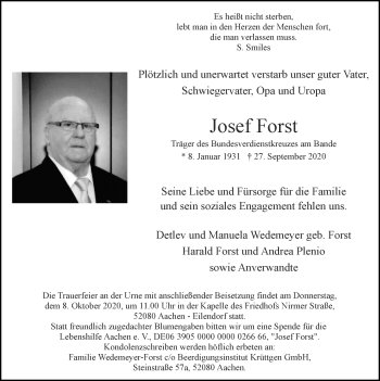 Traueranzeige von Josef Forst von Zeitung am Sonntag