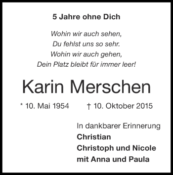 Traueranzeige von Karin Merschen von Zeitung am Sonntag