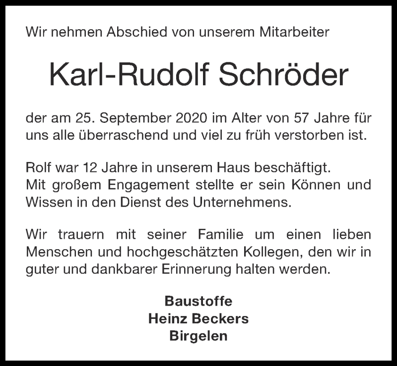  Traueranzeige für Karl-Rudolf Schröder vom 04.10.2020 aus Zeitung am Sonntag