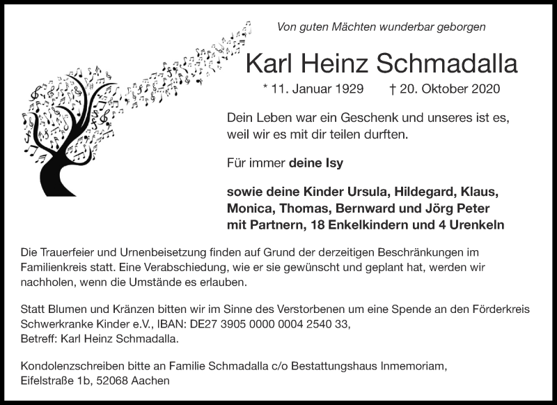  Traueranzeige für Karl Heinz Schmadalla vom 24.10.2020 aus Aachener Zeitung / Aachener Nachrichten