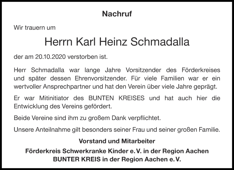  Traueranzeige für Karl Heinz Schmadalla vom 31.10.2020 aus Aachener Zeitung / Aachener Nachrichten