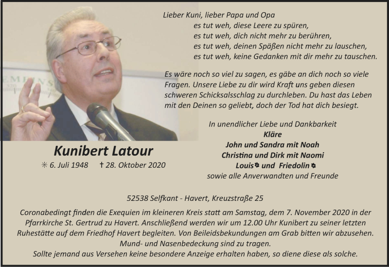  Traueranzeige für Kunibert Latour vom 01.11.2020 aus Zeitung am Sonntag