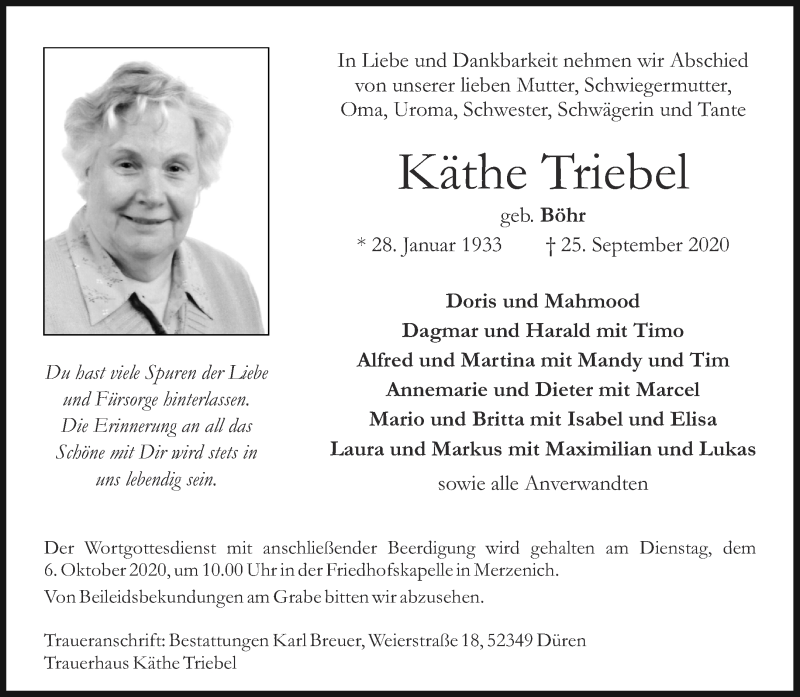  Traueranzeige für Käthe Triebel vom 03.10.2020 aus Aachener Zeitung / Aachener Nachrichten